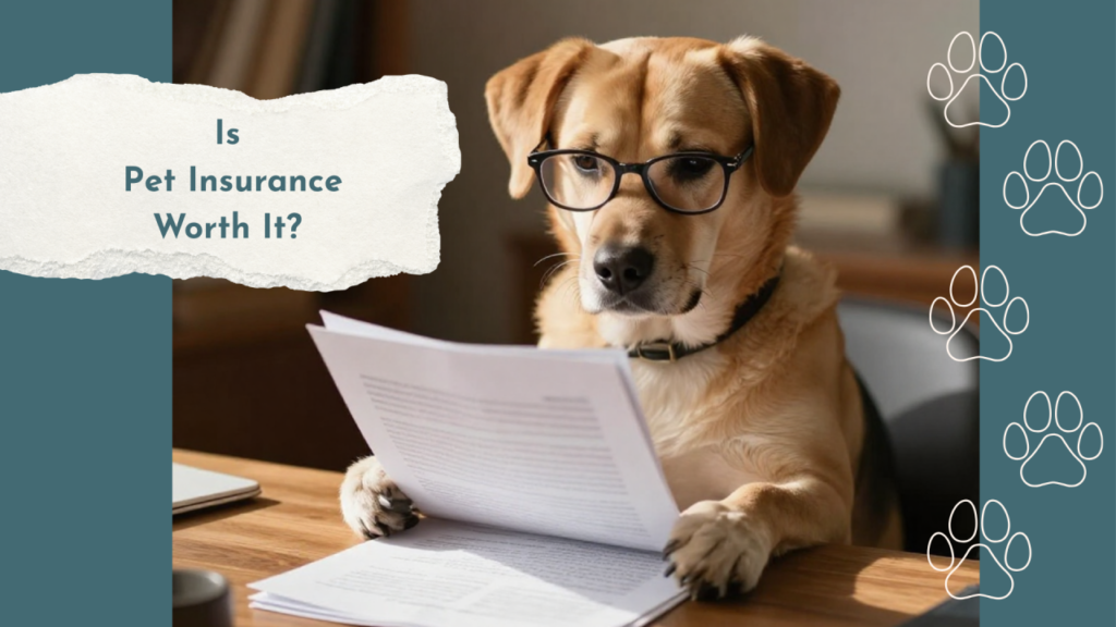 A dog wearing glasses sits at a desk, holding papers. Text reads, "Is Pet Insurance Worth It?" with paw print accents.