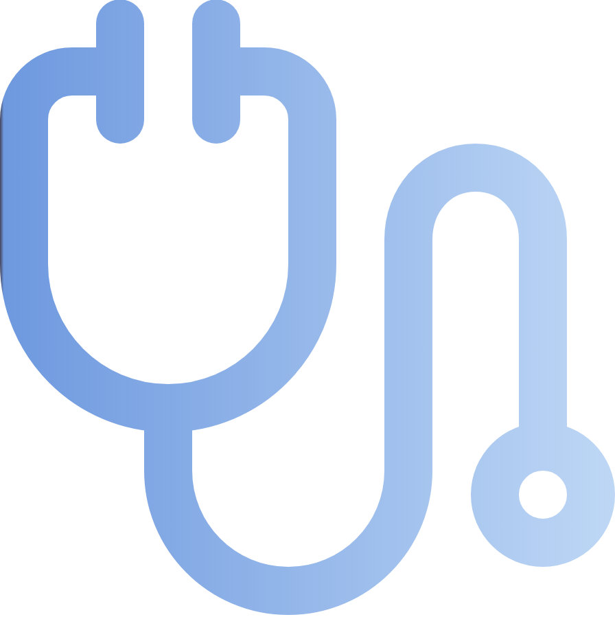 Blue gradient stethoscope icon with earpieces and diaphragm.